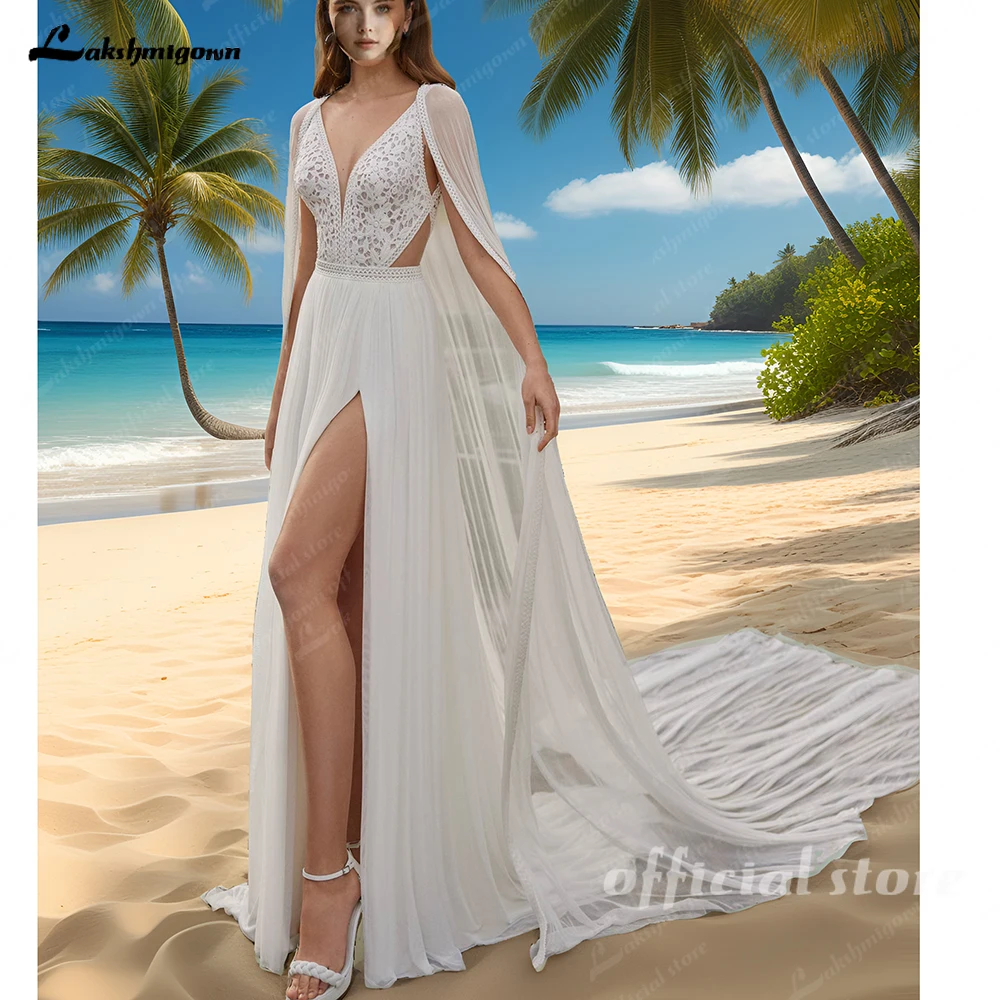 Yanshmigown-Robe de Mariée Longue en Mousseline de Soie pour Femme, Tenue Personnalisée Style Boho, avec Cape, pour Mariage à la Plage, 2025