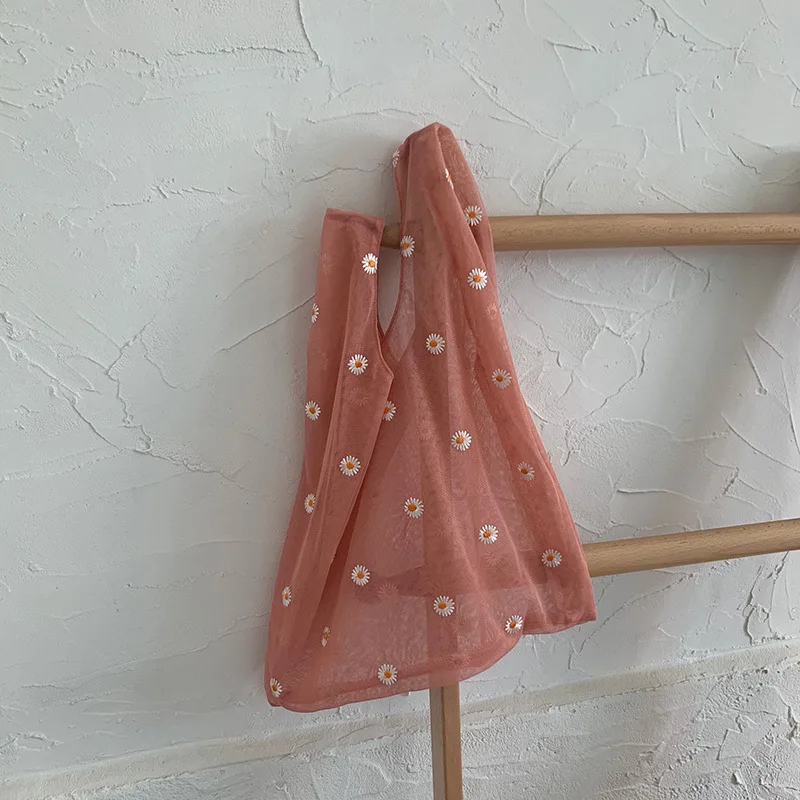 Маленькая сумка с вышивкой в виде ромашки, сумка большой емкости с вышивкой, сумка из органзы, милая сказочная сумка для покупок, продуктовая сумка