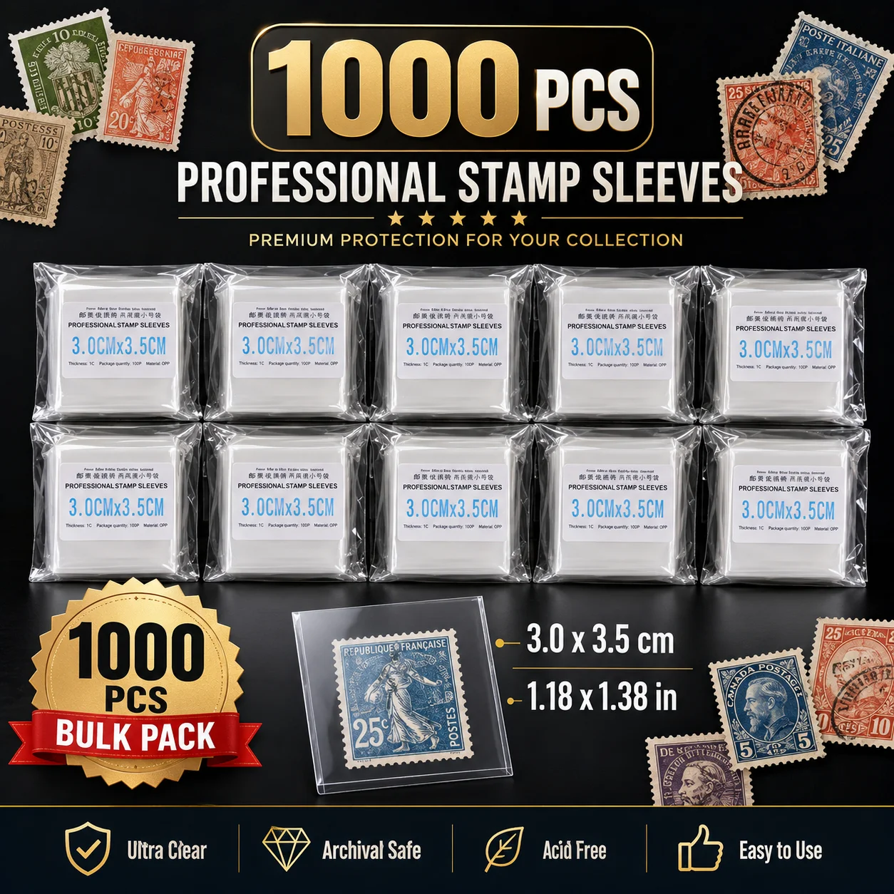 1000 PCS Mini Stamp Sleeves 3x3.5cm Clear Acid Free Protective Storage Bags Bulk Transparent Postage Holder Pockets for Collectors Album Sorting Display Archival Safe Small Bags Hobby Supplies Organizer Collection Accessories Pack Set Value