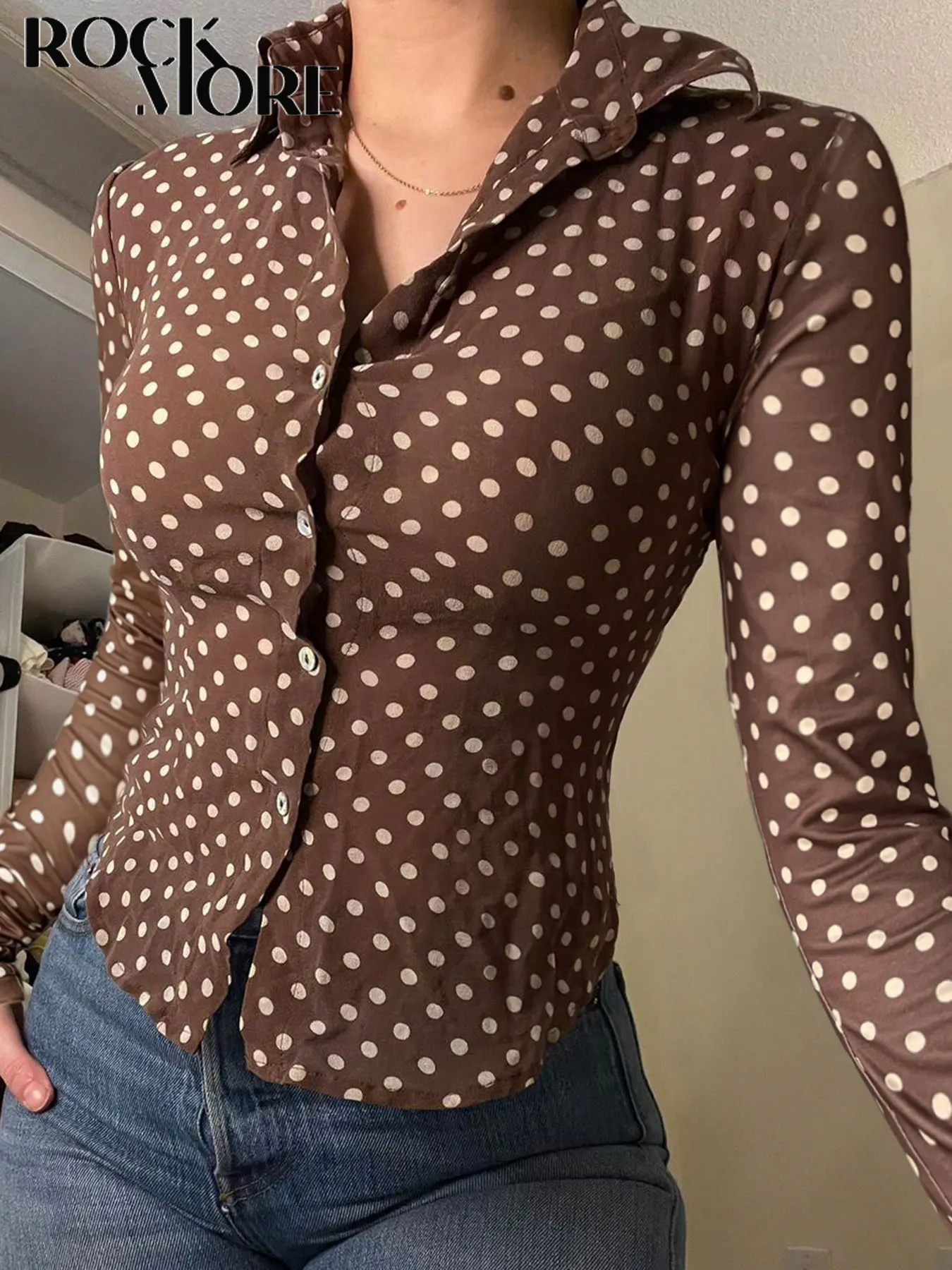 Rockmoer Vintage Polka Dot Print Damska bluzka z długim rękawem Eleganckie koszule damskie z wąskim kołnierzykiem Wiosna Biuro Casual Tops