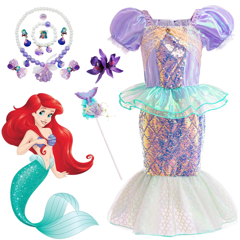 Disney Mermaid Sequin Dress Kids Cosplay Princess Fantasy Costume Sets Girls Birthday Gift Children Event Festival Party Clothes