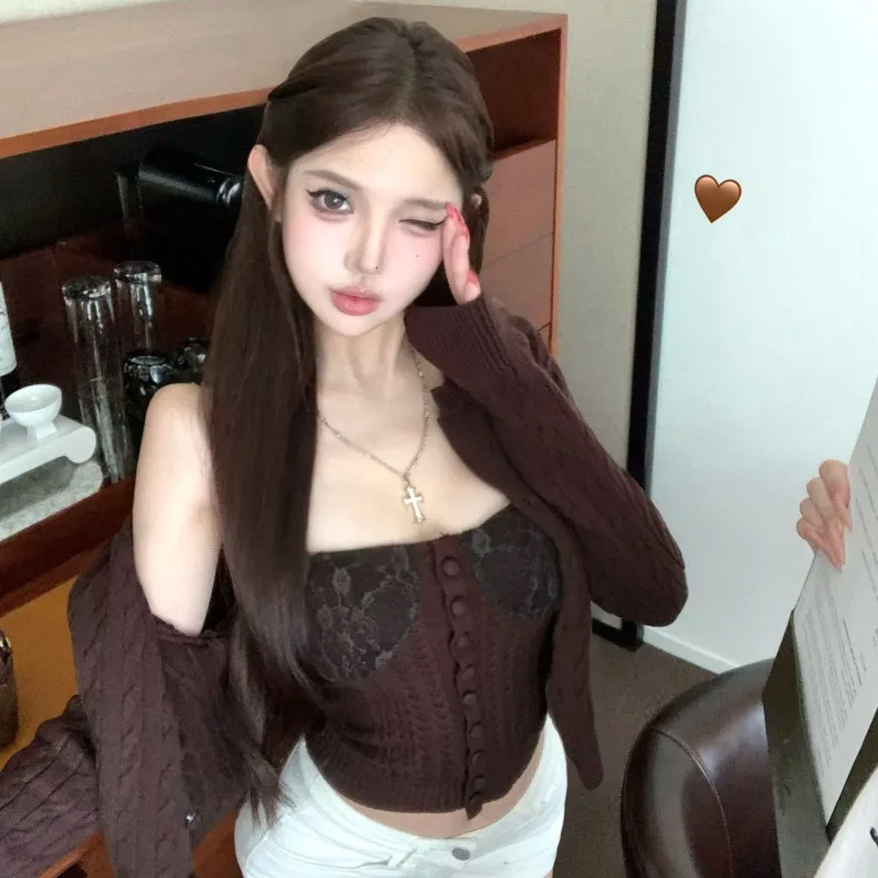 

Retro Knitted Lace Splicing Sweater Coat Women's Autumn New Sle Two-Piece Set Medium Thin Long Sve V-Ne Faion