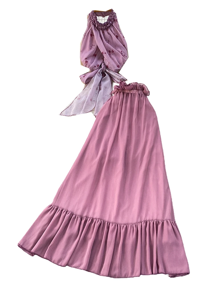 Sexy Short High Waist Ruffle Hem Top And Long Skirt Two Piece Set Cross Strap Backless Crop Top Slimming Effect Floral Print