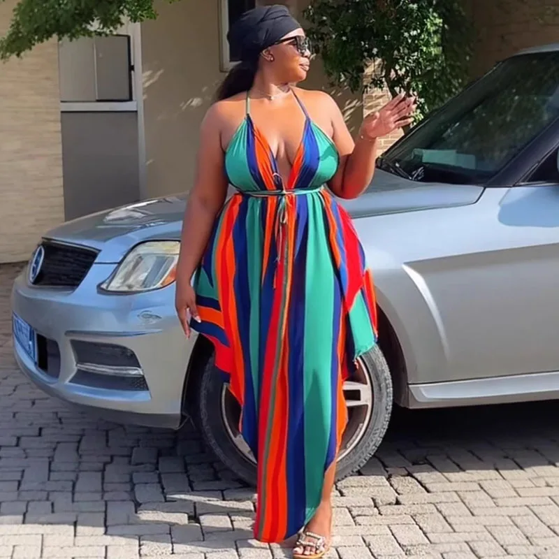

Sexy Colour Striped Print Maxi Dress Women Halter V-neck Sleeveless Backless Party Irregular A-line Long Dresses Vacation Outfit