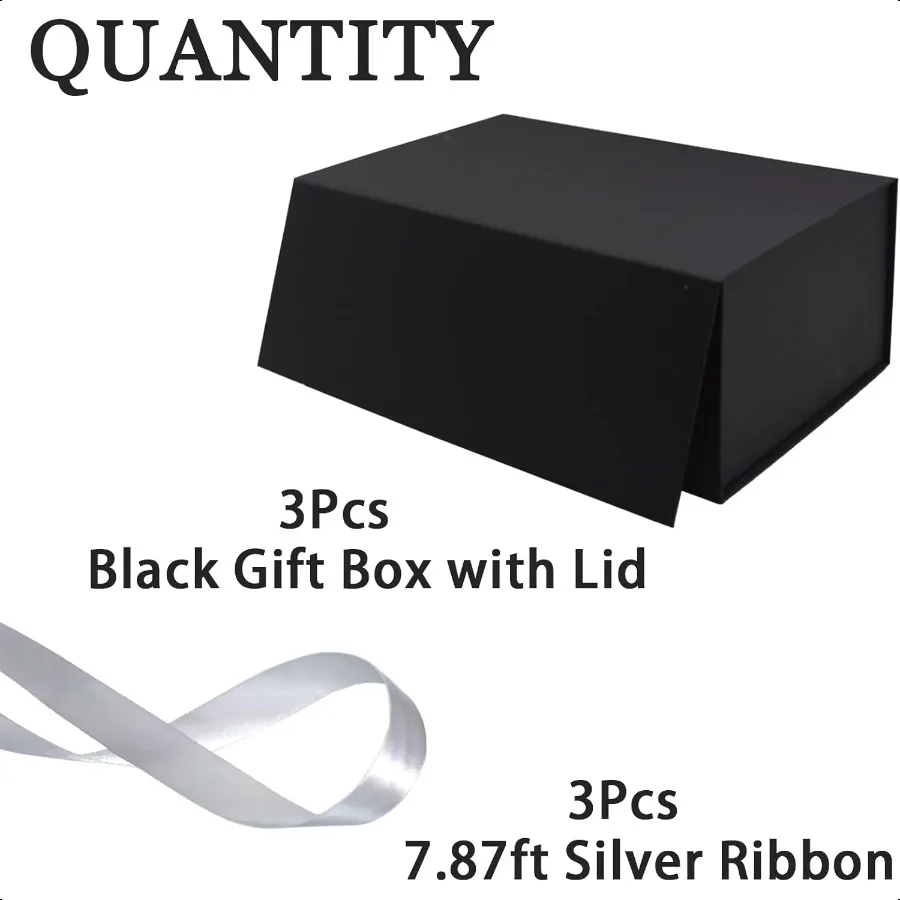 3 Pack Large Gift Box for Present 12.5 x 8.5 x 4.75 Inches Black Gift Box with Magnetic Lid Collapsible Gift Box with Ribbons G