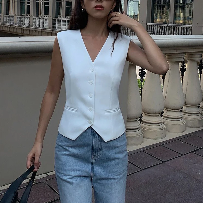 Chaleco blanco con cuello en V para mujer, prenda de vestir ajustada con botonadura única, Estilo Vintage Retro, Formal, informal, de negocios, para