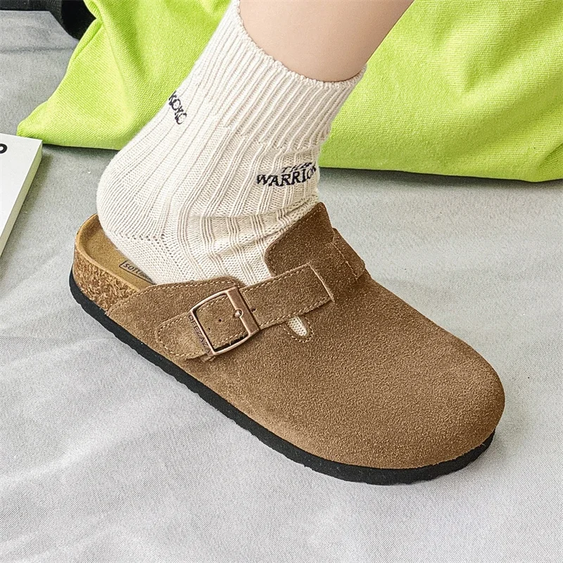 New Cow Suede Leather Cork Mules Slippers for Women Men Close Toe Slides Home Shoes Clogs Vintage Muller Slippers Fashion Casual