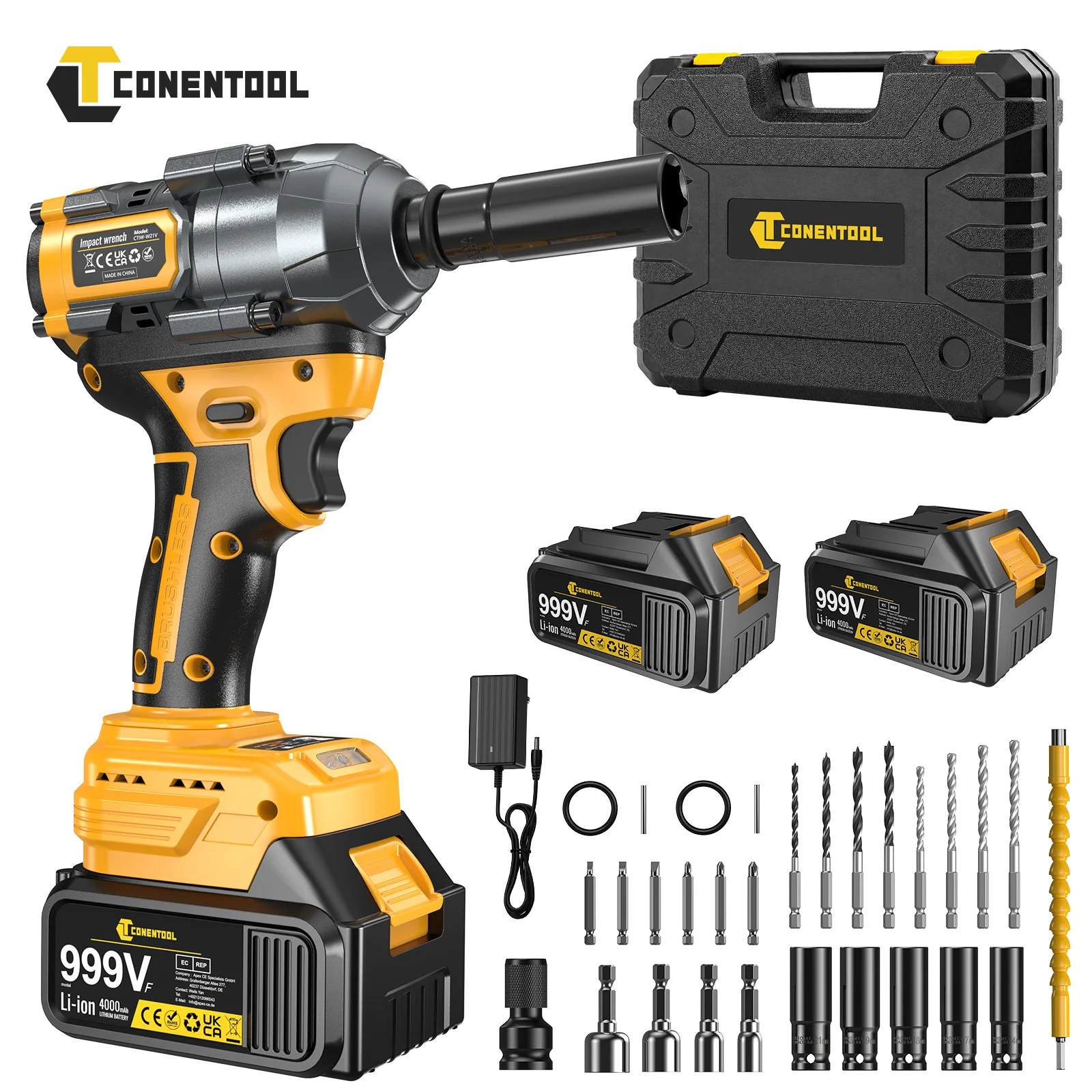 Avvitatore a percussione a batteria Conentool 1200 Nm, pistola a percussione da 1/2 pollice, batterie 21 V 4,0 Ah × 2 e caricabatterie, controllo a 3 velocità con luce LED