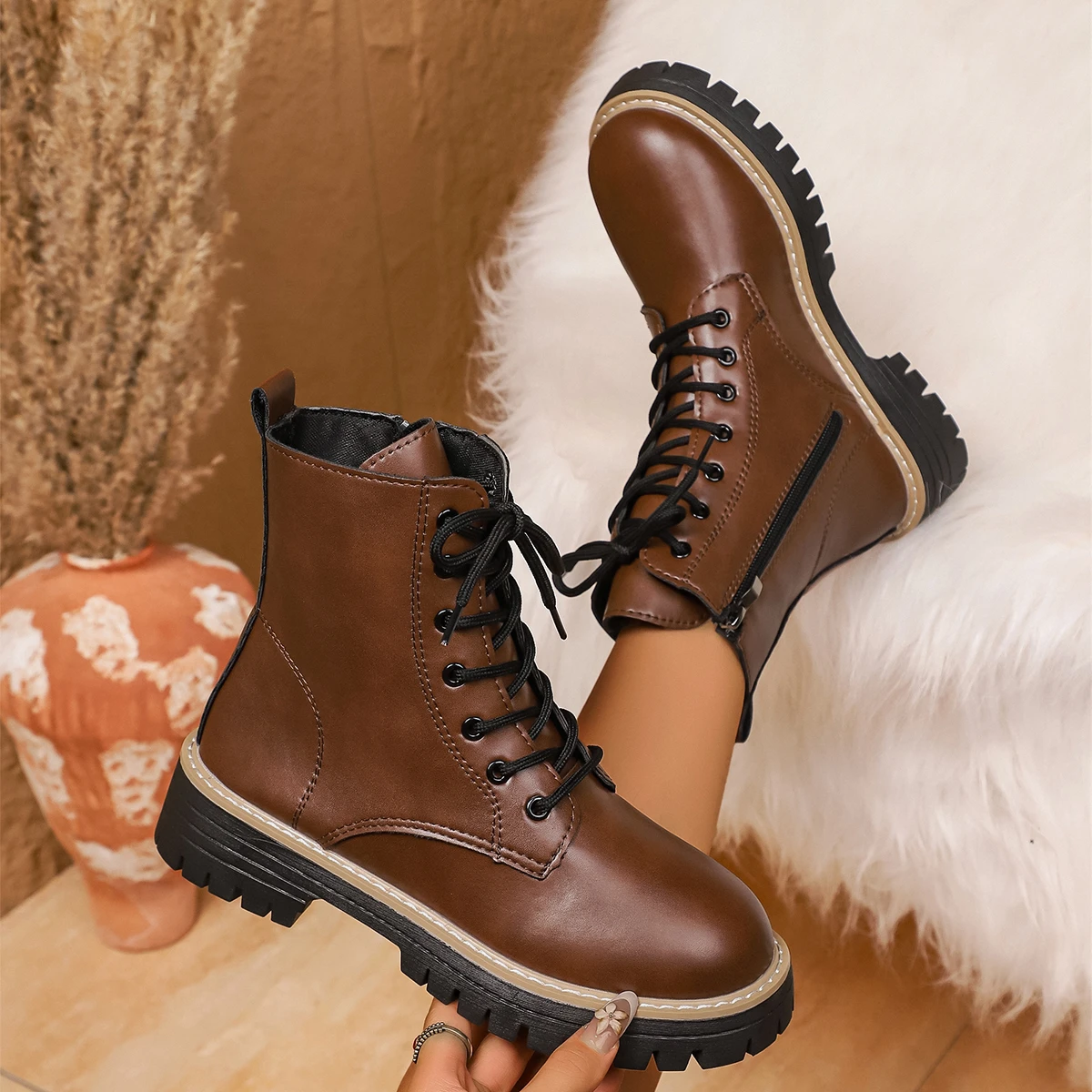 Women Round Toe Lace‑Up Combat Ankle Boots Side Zipper Thick Lug Sole Contrast Trim Brown Platform Short Boots For Autumn