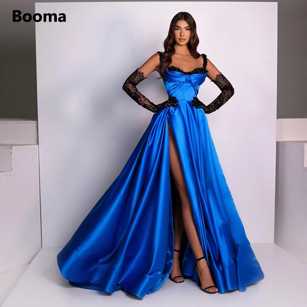 

Booma Sexy Blue Satin A-Line Evening Dresses Sweetheart Spaghetti Straps High Thigh Slit Draped Party Gowns Formal Evening Gowns