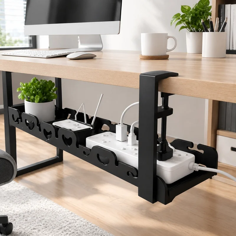 Under-Desk Metal Wire Tray for Cable Storage and Desk Organization, No-Drill Setup for Home and Office