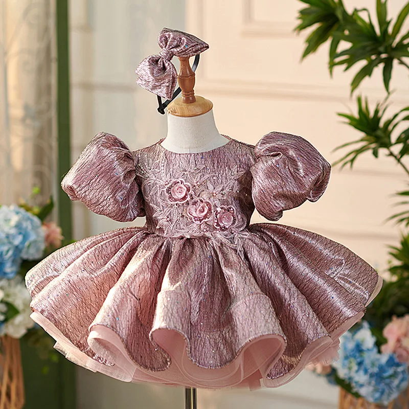 

Foreign Trade Girls' First Birthday Dress2025New Gilded Heavy Craft Puffy Princess Dress for Little Girls with High-end Feel