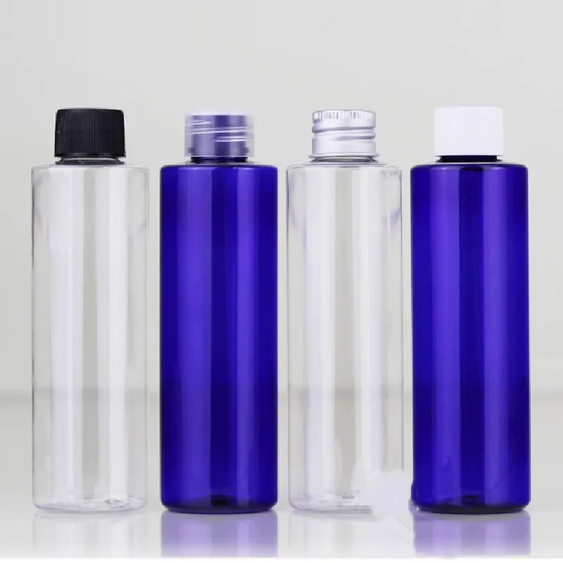 

2/4oz 30/100/150/200/250ml empty clear/blue Cylinder round Plastic pet bottle with plastic/aluminum screw ,flip disc top cap lid