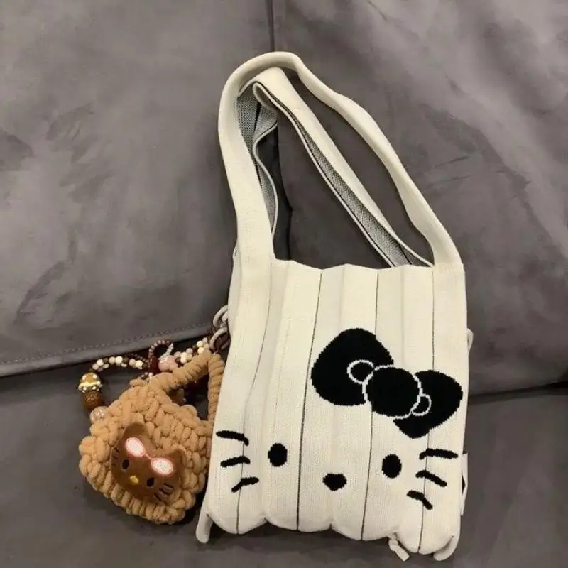 New Kawaii Sanrio Anime Knitted Handbag Cute Hello Kitty Cartoon Ins Fashion Large Capacity Elastic Pleated Bag Gifts for Girls