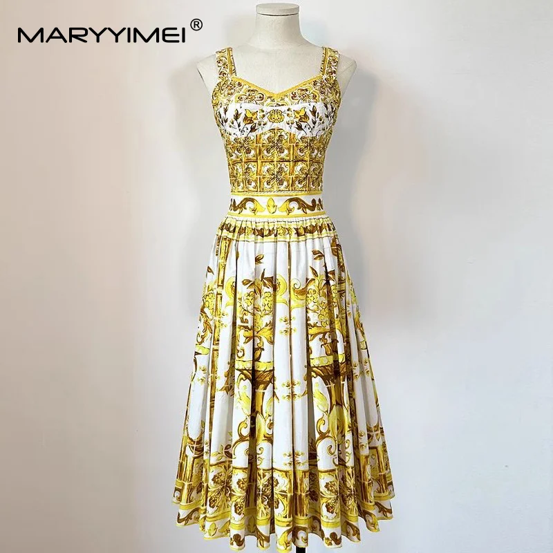 Seifrmann Summer Women Suit Sweetheart Neck Spaghetti Strap Short Tops+Fashion Pleated Skirt Baroque print Cotton 2-piece set