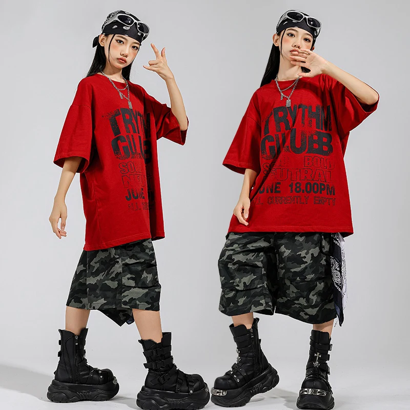 

Hip Hop Dance Costume Cool Girl Street Dance Outfit Red Top Camouflage Shorts Kid Oversize Jazz Stage Costume Streetwear VBH1868