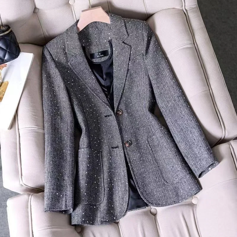 Blazer a spina di pesce di lana per le donne cappotto invernale a maniche lunghe Vintage giacca da festa classica top Femal abbigliamento da lavoro