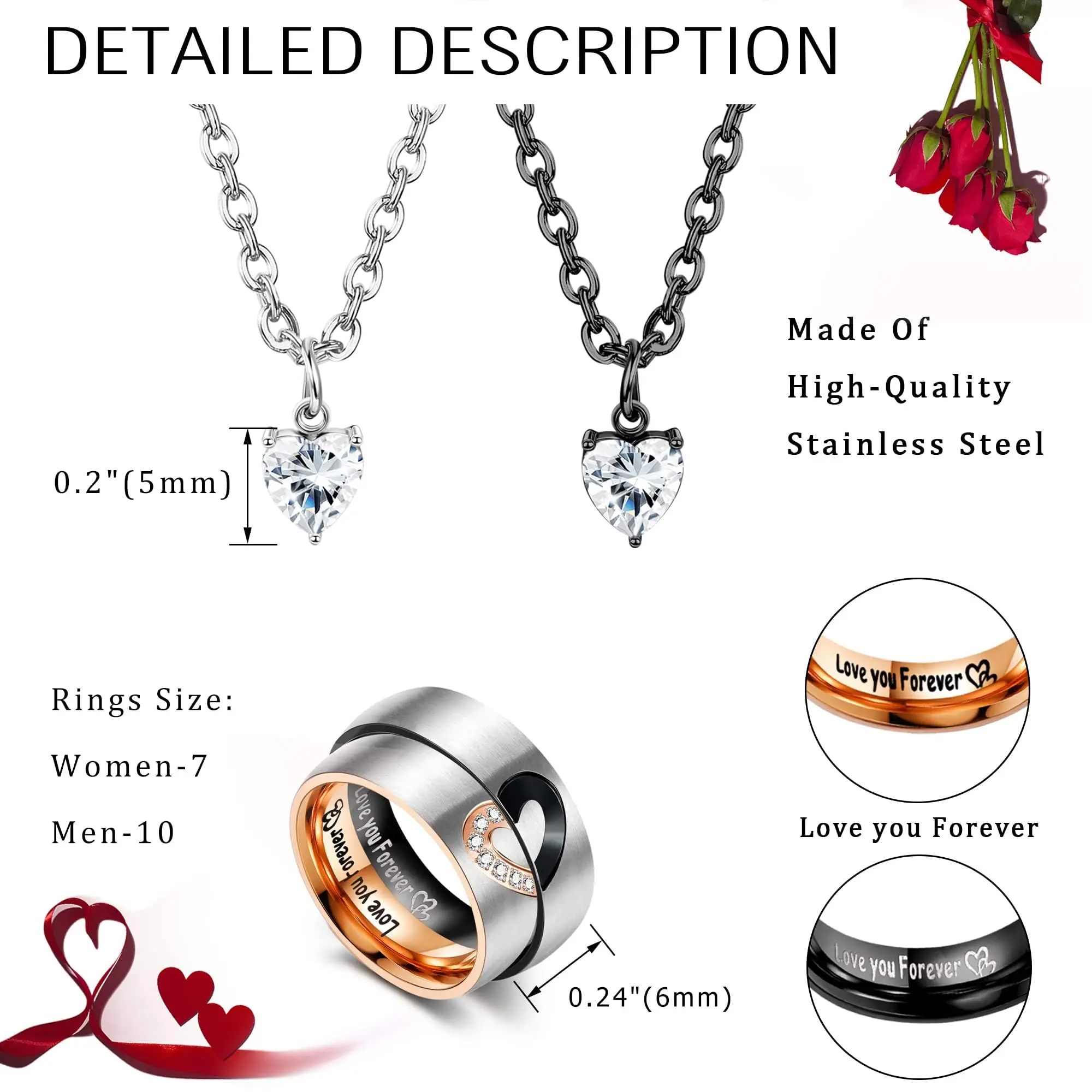 Drperfect مطابقة القلائد للأزواج قلادة قلادة للنساء الرجال الفولاذ المقاوم للصدأ وعد خواتم قلادة مجموعة مجوهرات هدية #2