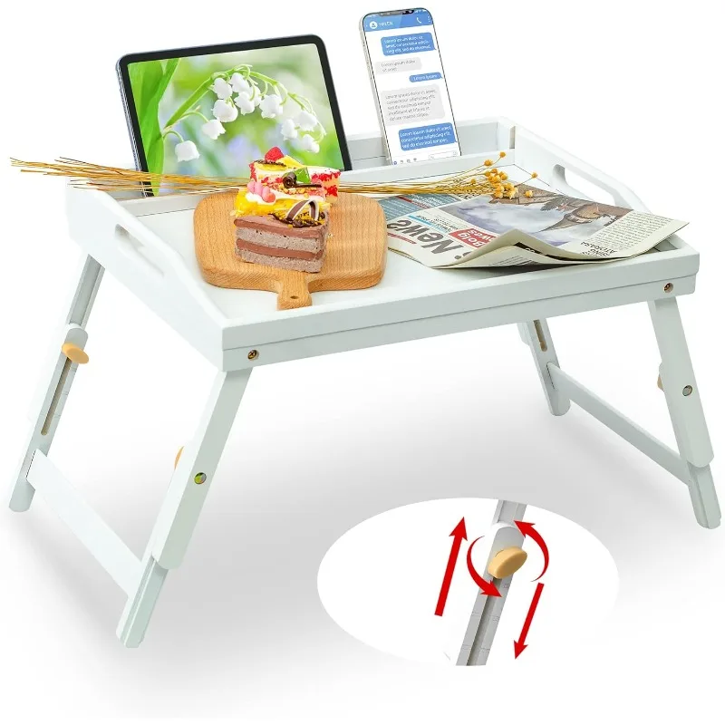 

Bed Tray Table for Eating - Bamboo Breakfast Food Table with Phone Tablet Holder - Adjustable Height White Serving Tray