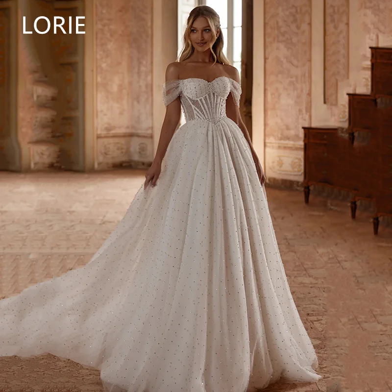 

LORIE A-line Off Shoulder Lace Appliques Sexy Wedding Dress Shiny Sleeveless Wedding Gowns Backless Bride Gown Customized