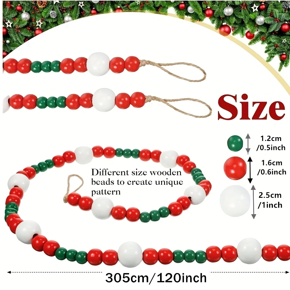 10ft Christmas Wooden Red White Green Bead Garland for Xmas Tree & Mantel Hanging Decor
