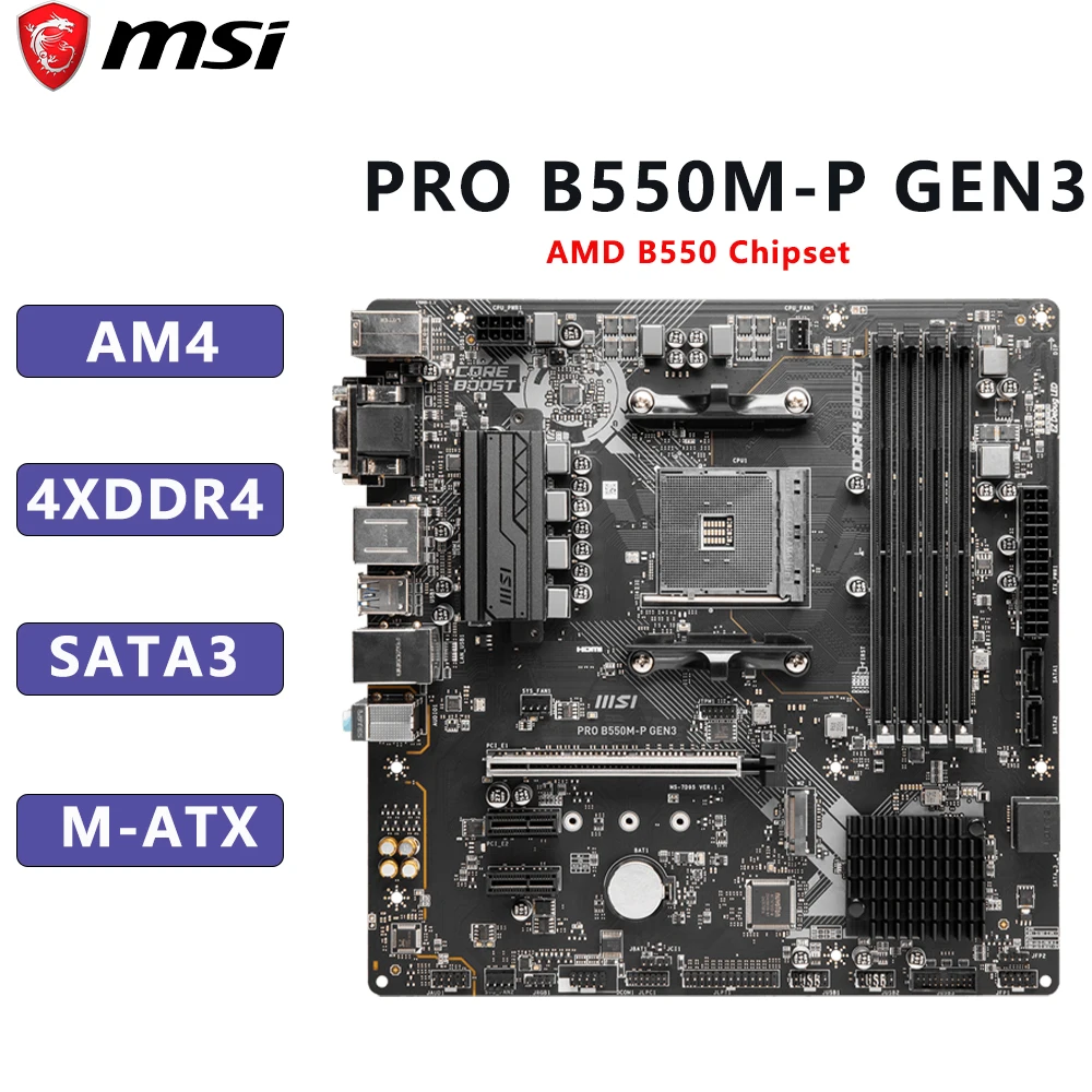 

Материнская плата MSI PRO B550M-P GEN3 AMD B550 AM4 с поддержкой Ryzen 7 5800X3D 9 5950X /5900X 7 5700X 5 5600/5500 CPU DDR4 128 ГБ mATX