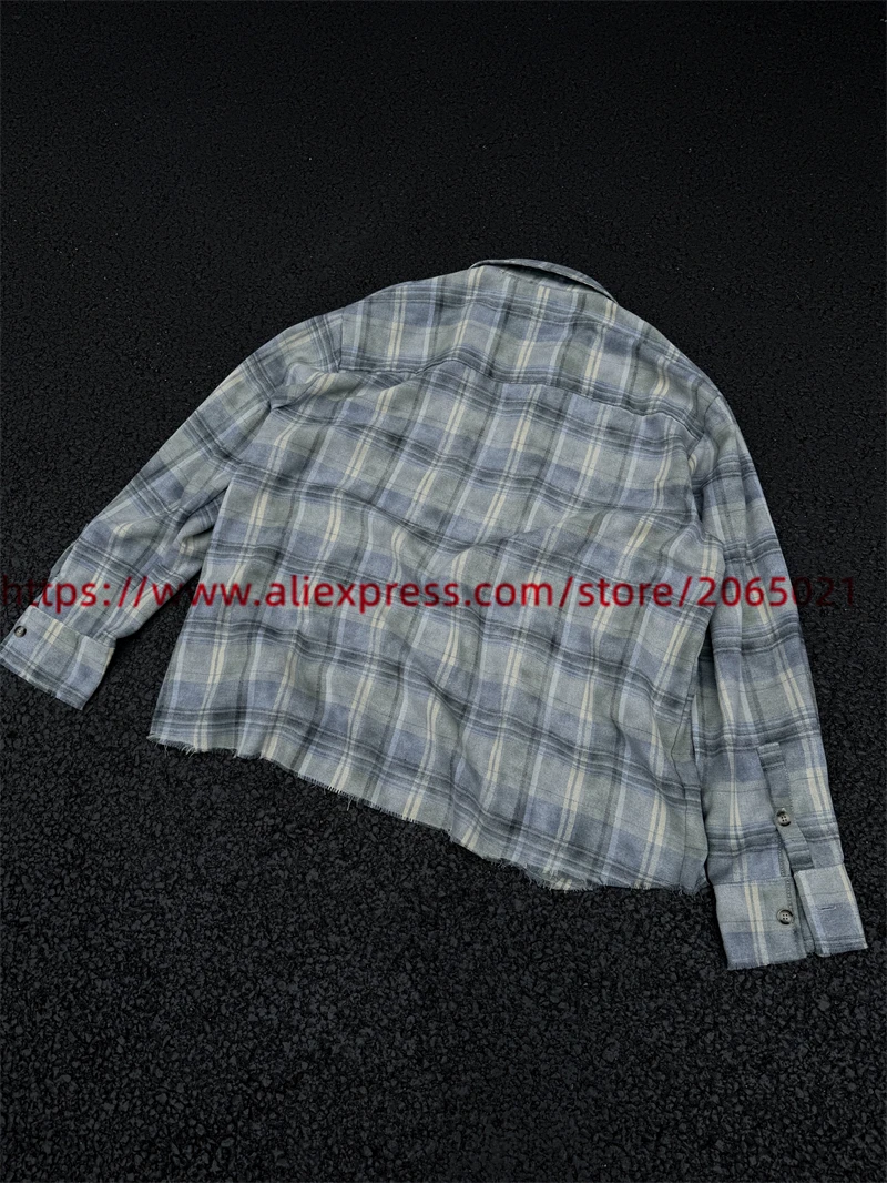 Retro Distressed Halo Dyeing Flannel Plaid Shirts Men Women Handmade destruction of tassels at the hem Oversize Shirt