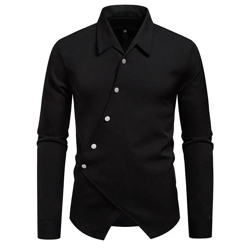 New Fashion Men's Diagonal Placket Design Long Sleeve Shirt Autumn High Quality Vintage Casual Social Wedding Party Shirts