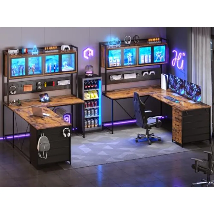 L Shaped Gaming Corner Desk with Drawers, Hutch and Storage Shelves for Home Office Use, Engineered Wood in Matte Black, Space-