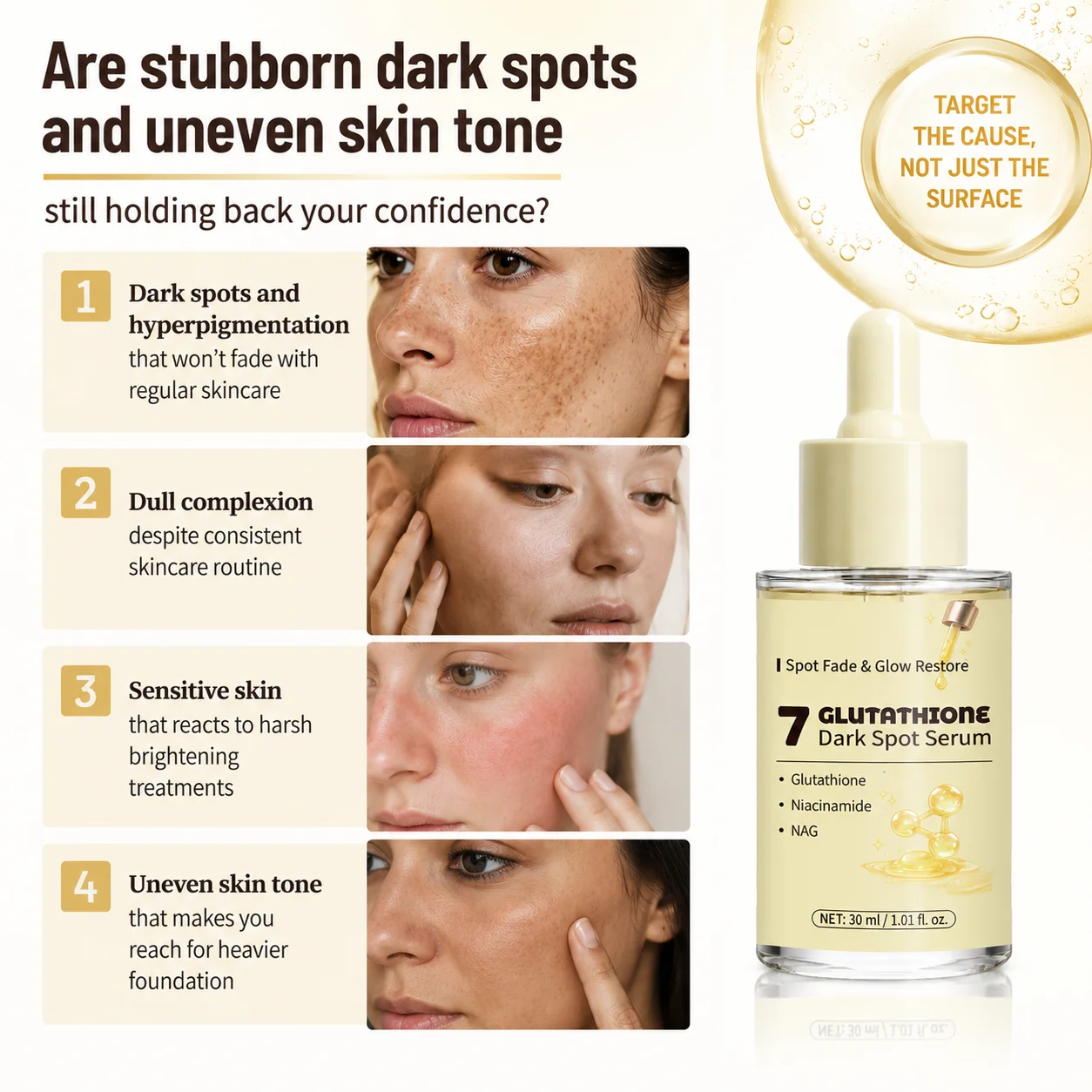 Natural Glutathione Facial Skin Care Serum, Improve Dullness Refine Rough Texture Radiant Complexion