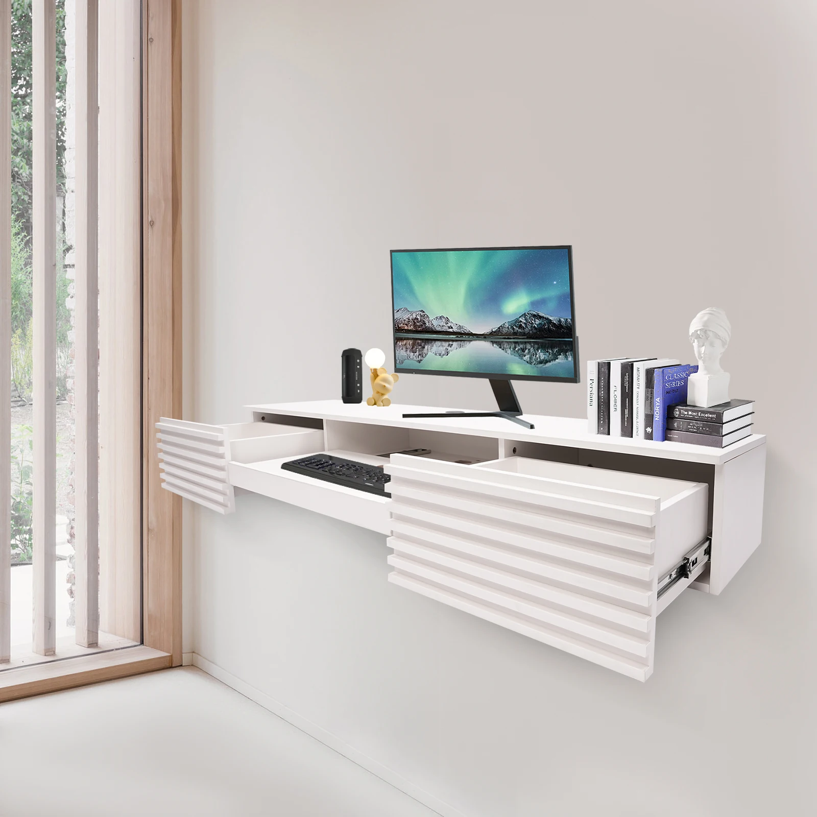 Wall Mounted Computer Desk 120lbs Load-bearing White PVC Edge Sealing Desk with Pull Out Drawer and Cable Hole for Space Saving