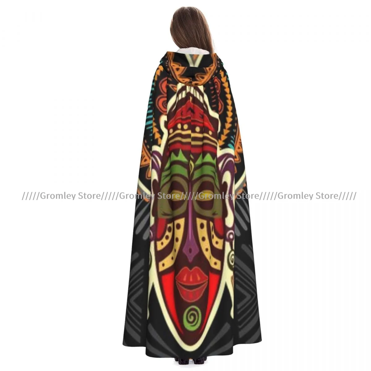 African Mask With Geometric Witch Cloak Halloween Cosplay Costume Adult Unisex Cloak Retro Ages Cape