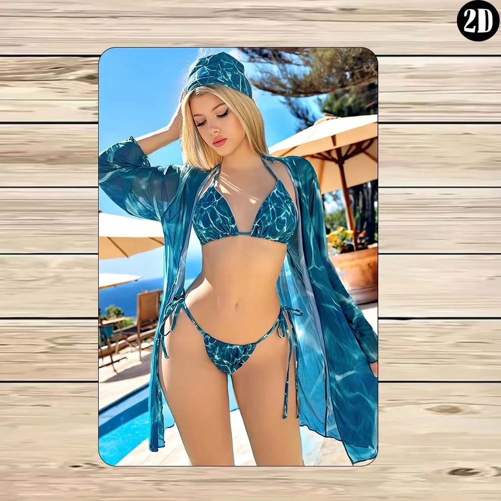 

Teal Water Wave Bikini Girl Metal Tin Sign - Sexy Poolside Wall Art for Man Cave, Bar, Bedroom - Vintage Iron Poster Decor