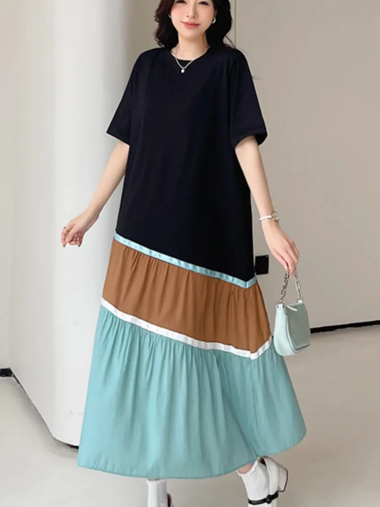 Sommer frauen Kleider Lose Plus Größe Patchwork Dame Vestidos Kurzarm Weibliche Robe T-Shirt Schwarz Kleid Kleidung