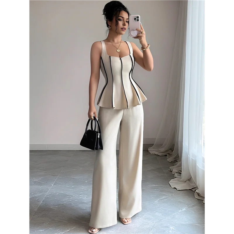 CYL-レディースカジュアルビジネスサマー2ピーススーツスリムフィットエレガントベスト＆ワイドレッグパンツスーツ