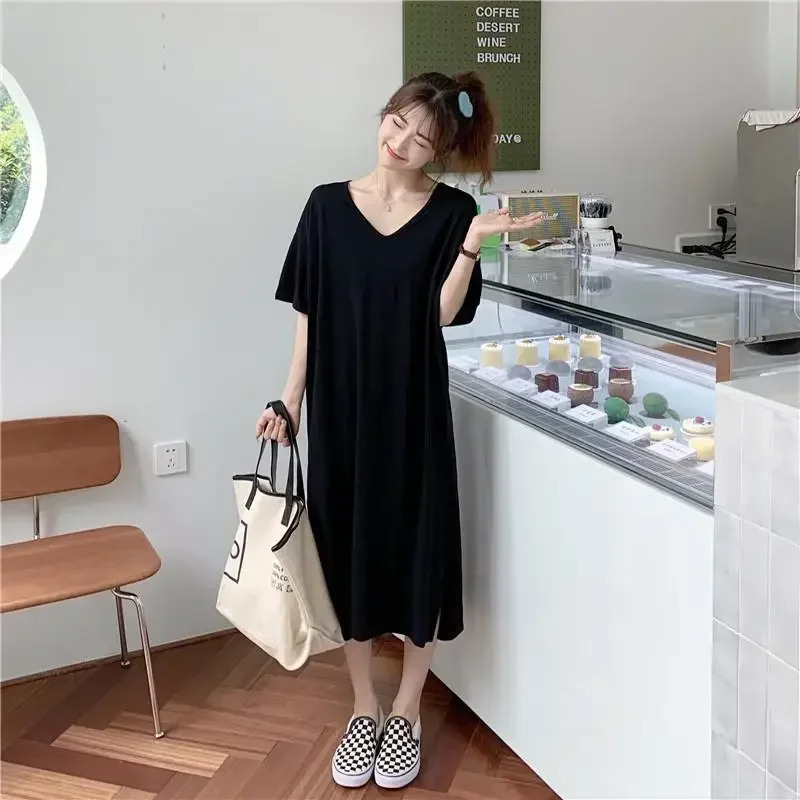 Street Casual a righe allentato T Shirt Dress Summer New manica corta con scollo a V scava fuori il vestito Vintage Trend abbigliamento donna CY373