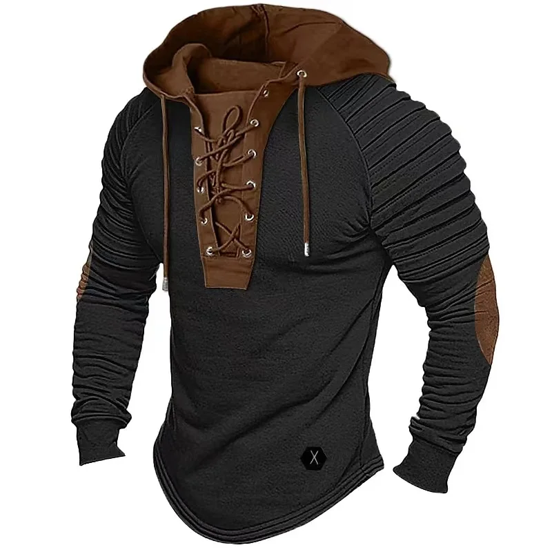 Spring Autumn Men's Pullover Hooded T-shirts Sweatshirt Lace Sports Long Sleeve Folded Casual Clothes Hoodies For Male Tees Tops