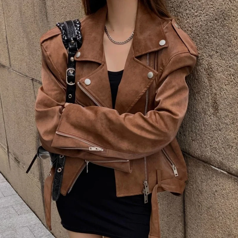 Vintage Brown PU Jackets Women Cool Biker Streetwear Zip-up Outerwear Cropped Fashion Korean Style Female Autumn Y2k Versatile