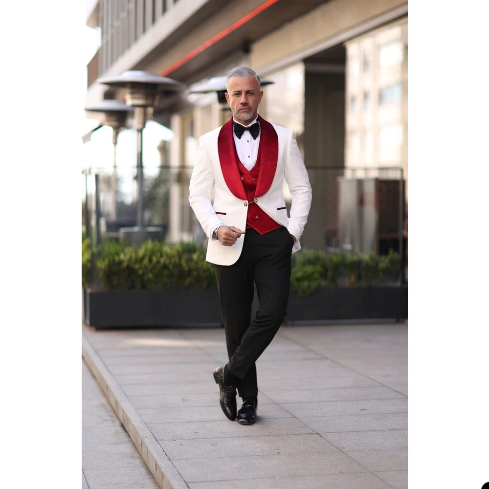 Red White Men Wedding Tuxedos Velvet Shawl Lapel Mens Tuxedos Outfits Business Formal Wear Jacket Pants Suits 3 Pieces