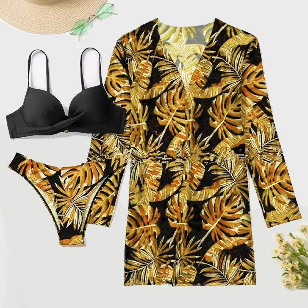 

Swimsuit Set Floral Print Bikini Set with High Waist Briefs Cover-up Women's Summer Beachwear Bathing Suit Push Up for Women