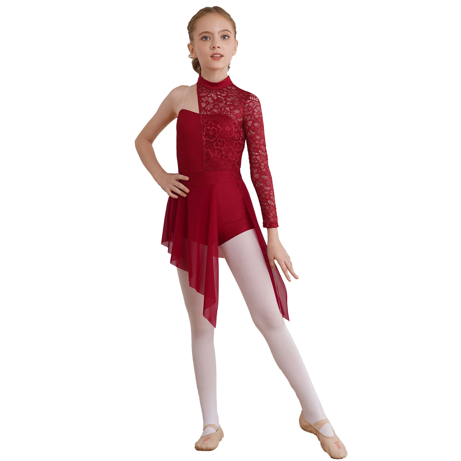 Kids Girls Lyrical Dance Costume Cutout Single Long Sleeve Asymmetric Ballet Dress Leotard Modren Contemporary Dancewear