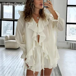 TWOTWINSTYLE Solid Spliced Ruffles Loose Blouses for Women V Neck Long Sleeve Minimalist Spliced Lace Up Shirts Female New