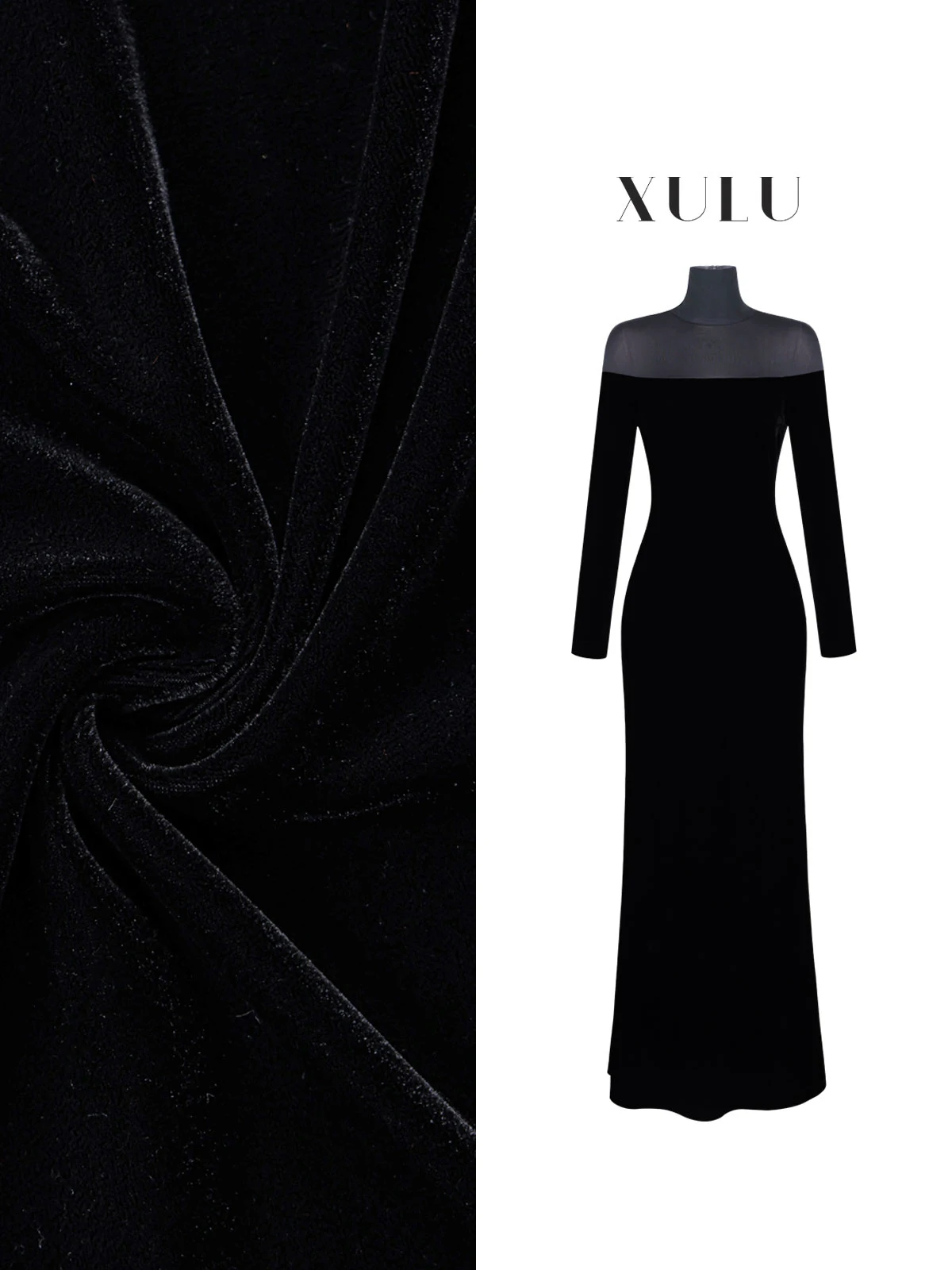 

Elegant High-Waist Velvet Long-Sleeve Dress with See-Through Net And Sexy Hollow out Design for Women XULU Original Luxury Black