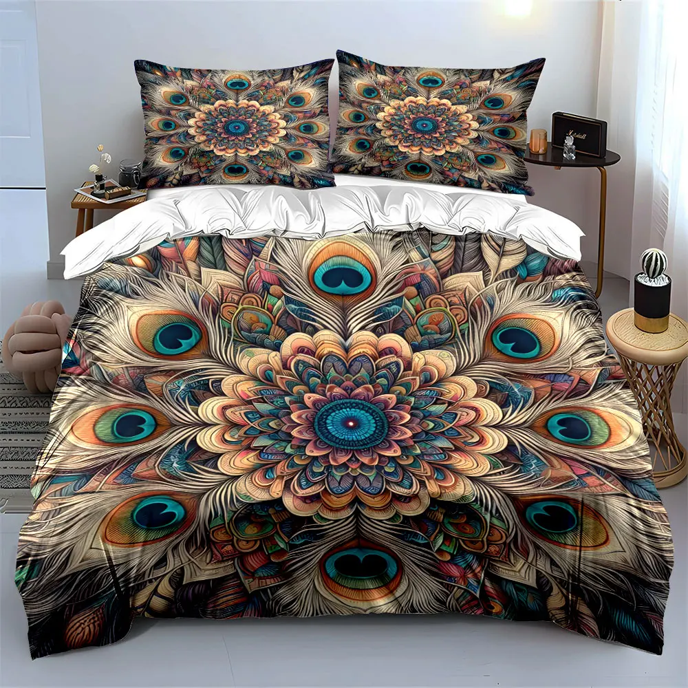 Peacock Feather Pattern Three-Piece Set Multiple sizes kid's and adults' bedroom Exquisite 3PC bedding set, gift
