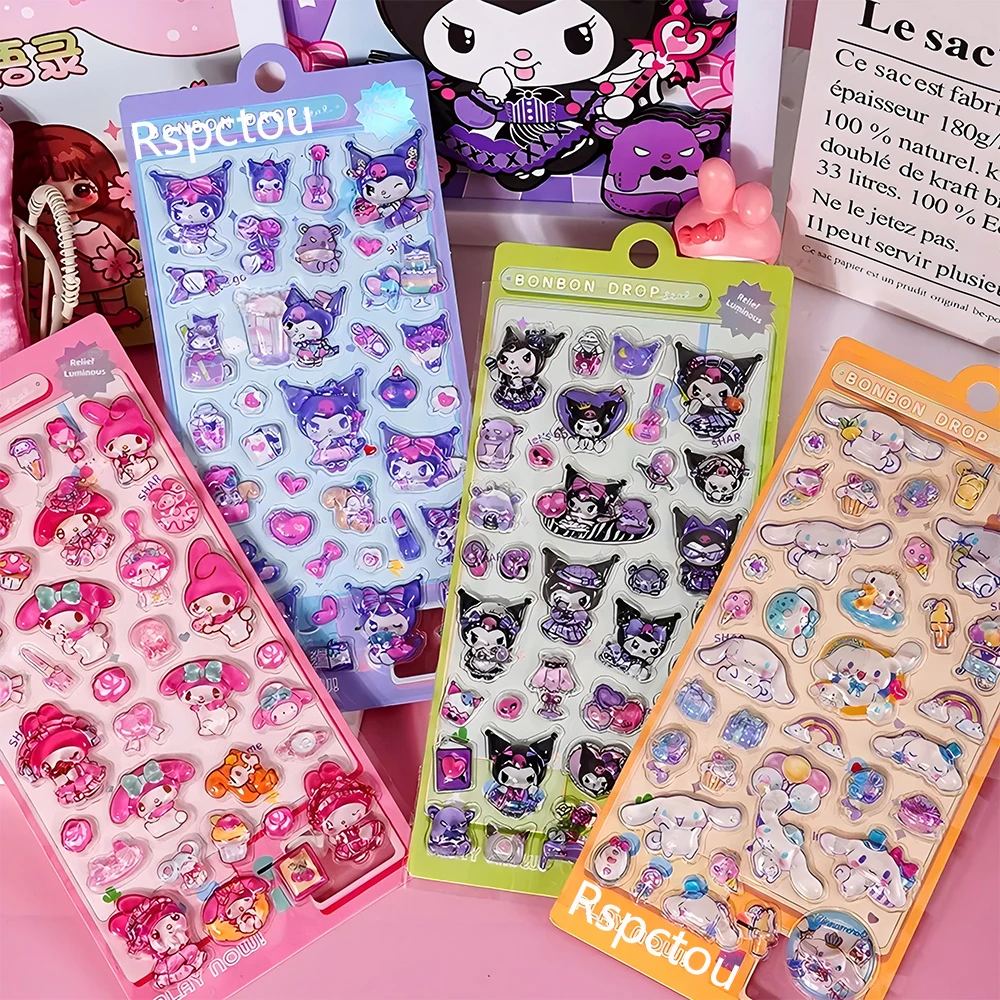4 pçs cinnamoroll kuromi melodia 3d alívio adesivos kawaii sanrio decalques de cristal bonito dos desenhos animados decoração bolha adesivo presentes