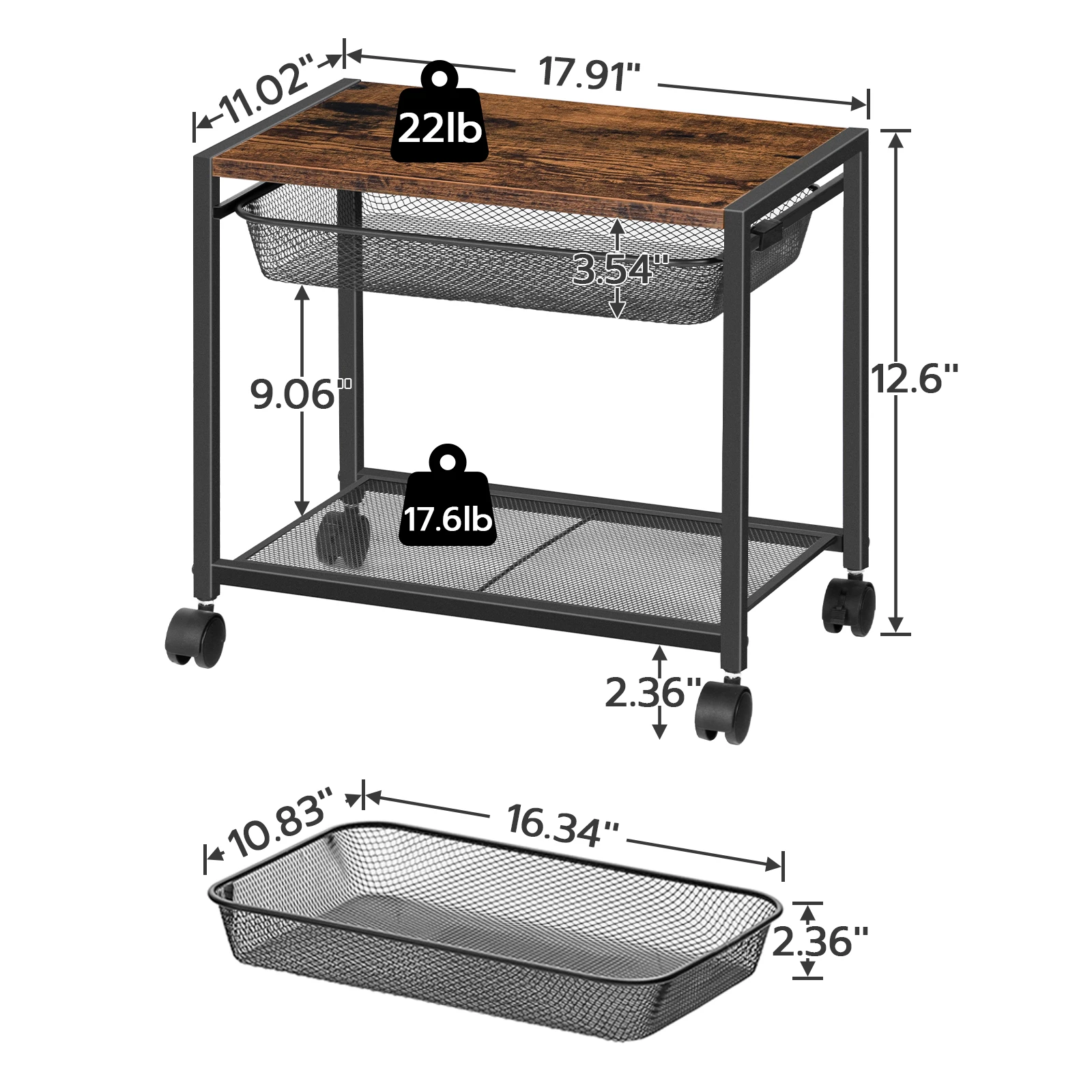 Under Desk Printer Stand Printer Cart with Storage Shelf 2-Tier Mobile Printer Table on Wheels Heavy Duty Machine Storage Rack