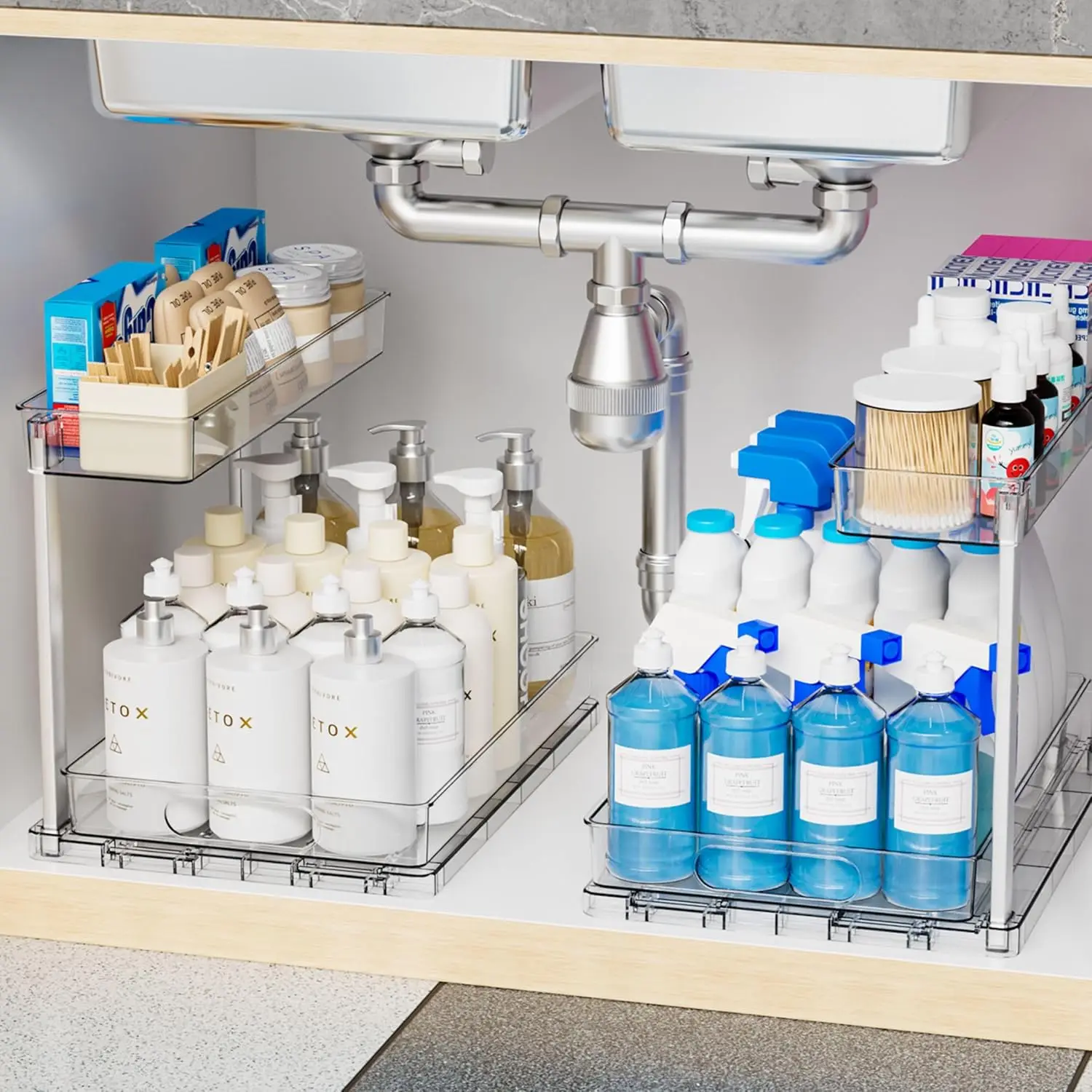 

2 Pack 14.5″ Deep Pull Out Under Sink Organizer,10.8″ High 2 Tier Slide Out Cabinet Organizer for Kitchen Cabinet,Undersink