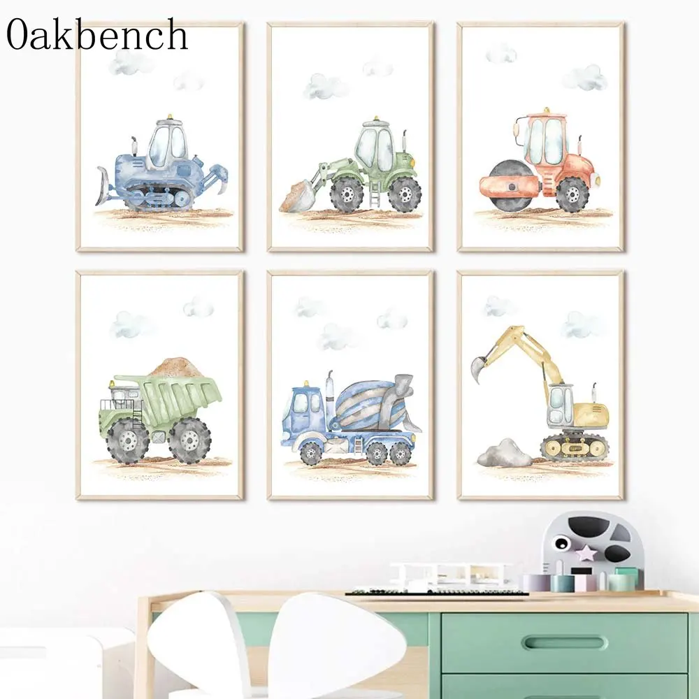 Toy Cars Canvas Poster Excavator Print Pictures Forklift Bulldozers Art Prints Nursery Wall Posters Kids Boys Room Decoration