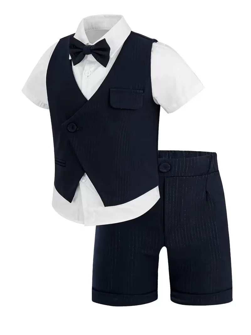 England Boys Summer Beige Vest Shirt Shorts Bowtie Photography Suit Kids Wedding Dress Children Ceremony Cosplay Costume