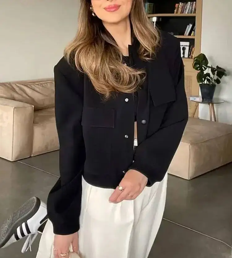 Fashion Bomber Jacket For Women Casual Solid Long Sleeve Button Crop Coat With Pocket Female Vintage Loose Outwear